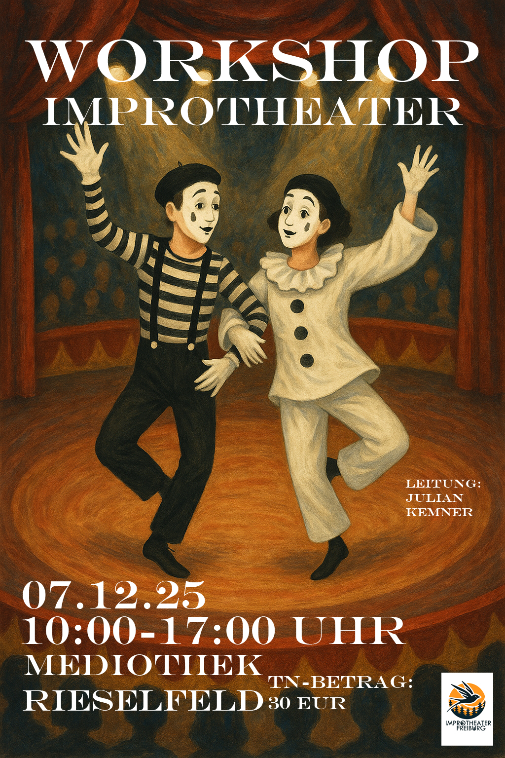 Infoplakat - Improtheater Schnupper-Workshop 07.12.25 - 10-17 Uhr Mediothek Rieselfeld TN-Beitrag: 30 EUR