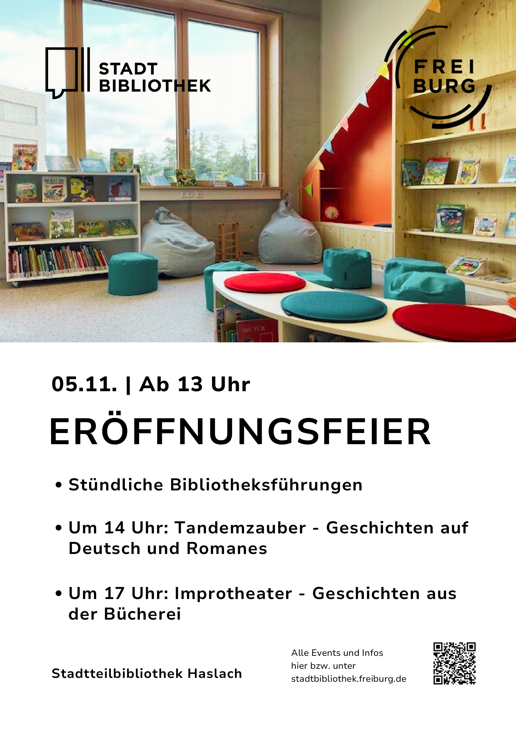 Programmübersicht Eröffnungsfeier Stadtbibliothek Haslach am 05.11. um 13 Uhr